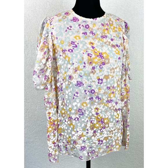 SEE BY CHLOÉ • Multicolor Floral Velvet Burnout Ruffle Long Sleeve Silk Blouse - Picture 6 of 16